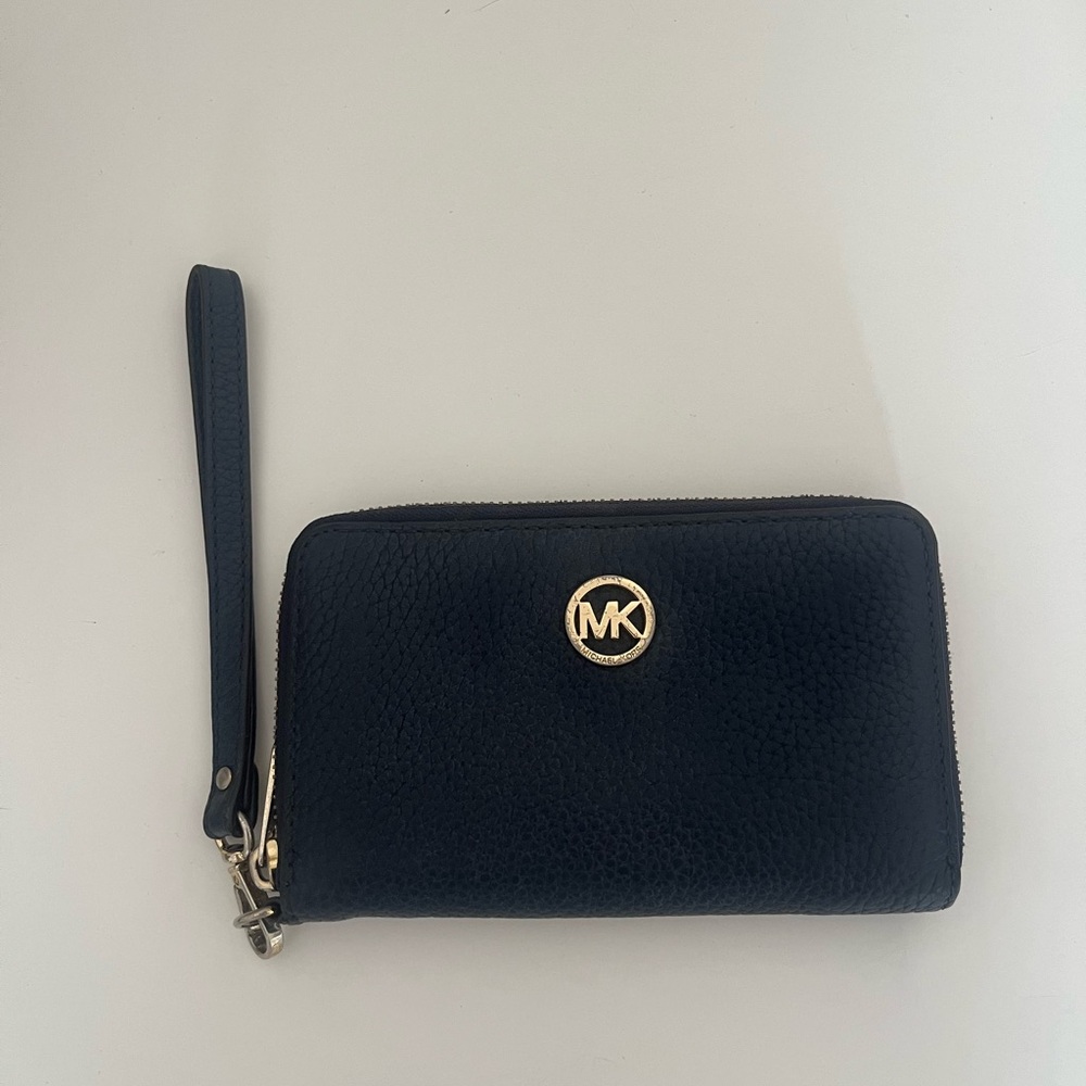 Michael Kors Navy Blue Pebbled Leather Wallet with Gold MK Emblem